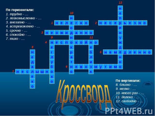 По горизонтали:1. трудно - …2. легкомысленно - …3. внезапно - …4. встревоженно - …5. срочно - …6. спокойно - …7. тихо - …КроссвордПо вертикали:8. близко - …9. мелко - …10. много раз - …11. далеко - …12. свободно - …
