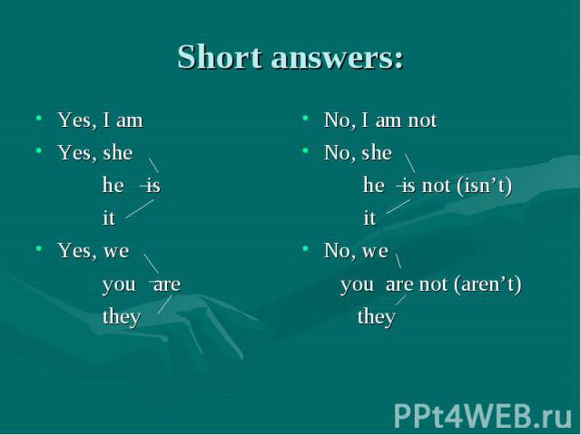Short answers: Yes, I amYes, she he is itYes, we you are they No, I am notNo, she he is not (isn’t) itNo, we you are not (aren’t) they