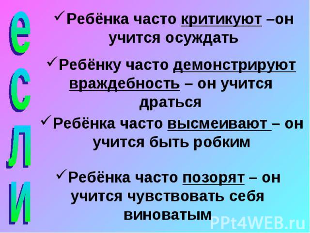 еслиРебёнка часто критикуют –он учится осуждатьРебёнку часто демонстрируют враждебность – он учится дратьсяРебёнка часто высмеивают – он учится быть робкимРебёнка часто позорят – он учится чувствовать себя виноватым