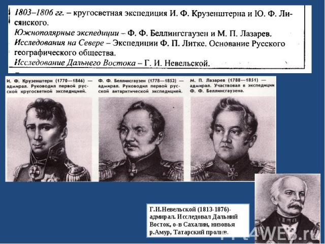 Г.И.Невельской (1813-1876)-адмирал. Исследовал Дальний Восток, о-в Сахалин, низовья р.Амур, Татарский пролив.