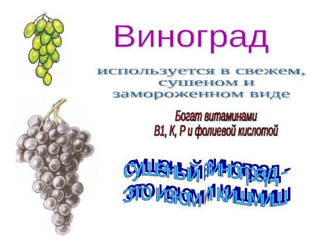 Виноградиспользуется в свежем, сушеном и замороженном видеБогат витаминами В1, К, Р и фолиевой кислотойсушеный виноград -это изюм и кишмиш