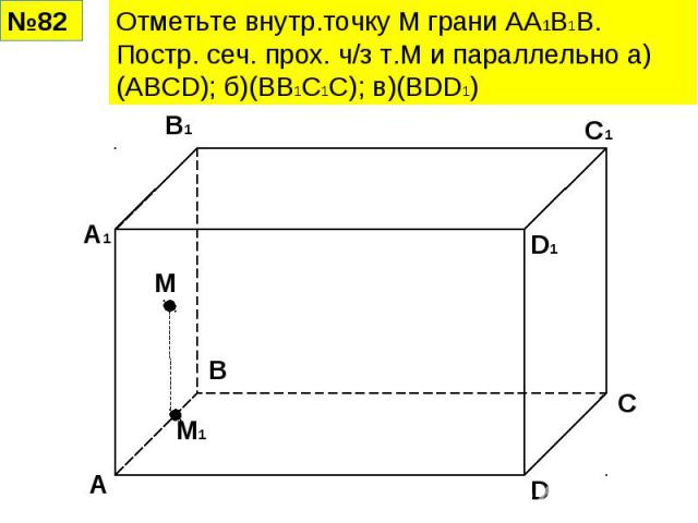 Отметьте внутр.точку М грани АА1В1В. Постр. сеч. прох. ч/з т.М и параллельно а)(АВСD); б)(ВВ1С1С); в)(BDD1)