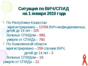 Ситуация по ВИЧ/СПИД на 1 января 2010 года По Республике Казахстан зарегистриров
