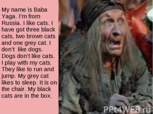 My name is Baba Yaga. I’m from Russia. I like cats. I have got three black cats,