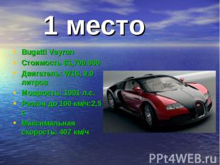 1 место Bugatti VeyronСтоимость $1,700.000Двигатель: W16, 8,0 литровМощность: 10