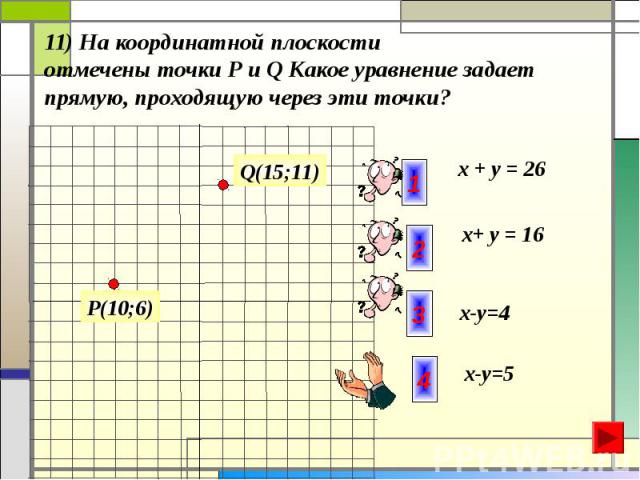 11) На координатной плоскости отмечены точки Р и Q Какое уравнение задает прямую, проходящую через эти точки?