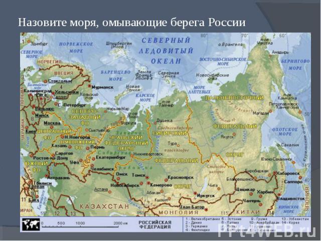 Назовите моря, омывающие берега России