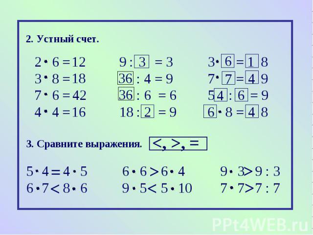2. Устный счет.2 6 = 9 : = 3 3 = 83 8 = : 4 = 9 7 = 9 7 6 = : 6 = 6 5 : = 94 4 = 18 : = 9 8 = 8 3. Сравните выражения.4 4 5 6 6 6 4 9 3 9 : 37 8 6 9 5 5 10 7 7 7 : 7