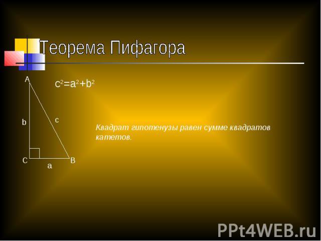 Теорема Пифагора Квадрат гипотенузы равен сумме квадратов катетов.