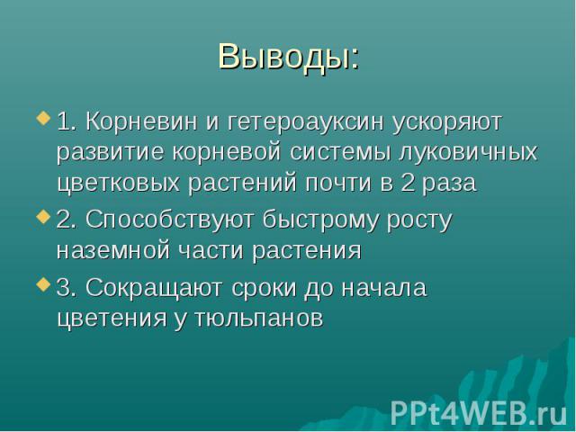 Выводы: 1. Корневин и гетероауксин ускоряют развитие корневой системы луковичных цветковых растений почти в 2 раза2. Способствуют быстрому росту наземной части растения3. Сокращают сроки до начала цветения у тюльпанов