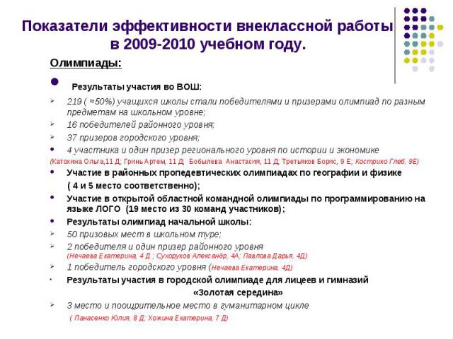 Показатели эффективности внеклассной работы в 2009-2010 учебном году. Олимпиады: Результаты участия во ВОШ:219 ( ≈50%) учащихся школы стали победителями и призерами олимпиад по разным предметам на школьном уровне;16 победителей районного уровня;37 п…