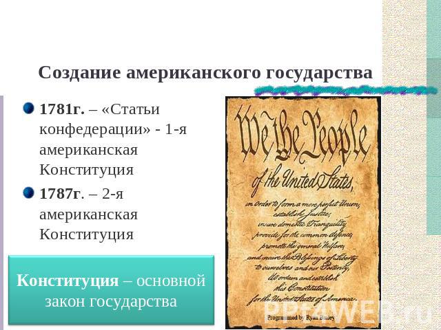 Создание американского государства 1781г. – «Статьи конфедерации» - 1-я американская Конституция1787г. – 2-я американская КонституцияКонституция – основной закон государства