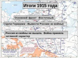 Итоги 1915 годаОсновной фронт –Восточный.Цели Германии –Вывести Россию из войны)