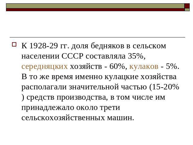К 1928-29 гг. доля бедняков в сельском населении СССР составляла 35%, середняцких хозяйств - 60%, кулаков - 5%. В то же время именно кулацкие хозяйства располагали значительной частью (15-20%) средств производства, в том числе им принадлежало около …