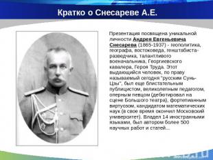 Кратко о Снесареве А.Е. Презентация посвящена уникальной личности Андрея Евгенье