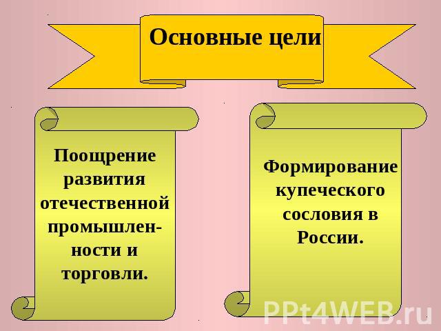 Основные цели Поощрение развития отечественной промышлен-ности и торговли.Формирование купеческого сословия в России.