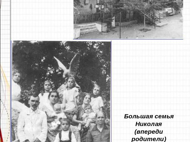 Дом, где прошло детство Николая Байбакова. Большая семья Николая (впереди родители)