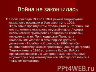 Война не закончилась После распада СССР в 1991 режим Наджибуллы оказался в изоля