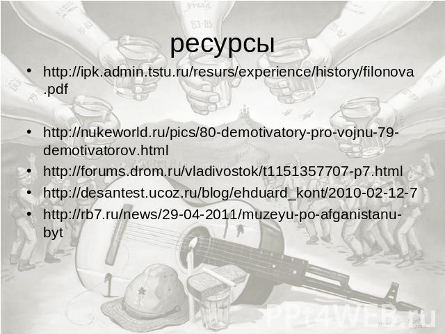 ресурсы http://ipk.admin.tstu.ru/resurs/experience/history/filonova.pdfhttp://nukeworld.ru/pics/80-demotivatory-pro-vojnu-79-demotivatorov.htmlhttp://forums.drom.ru/vladivostok/t1151357707-p7.htmlhttp://desantest.ucoz.ru/blog/ehduard_kont/2010-02-12…