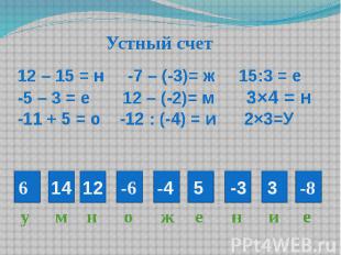 Устный счет 12 – 15 = н -7 – (-3)= ж 15:3 = е-5 – 3 = е 12 – (-2)= м 3×4 = н-11