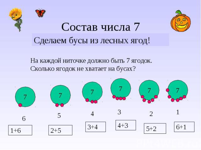 Состав числа 7 Сделаем бусы из лесных ягод!На каждой ниточке должно быть 7 ягодок. Сколько ягодок не хватает на бусах?