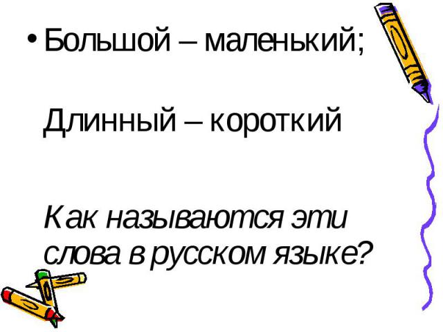 Большой – маленький; Длинный – короткий Как называются эти слова в русском языке?
