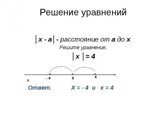 Решение уравнений │х - а│- расстояние от а до х Решите уравнение.│х │= 4