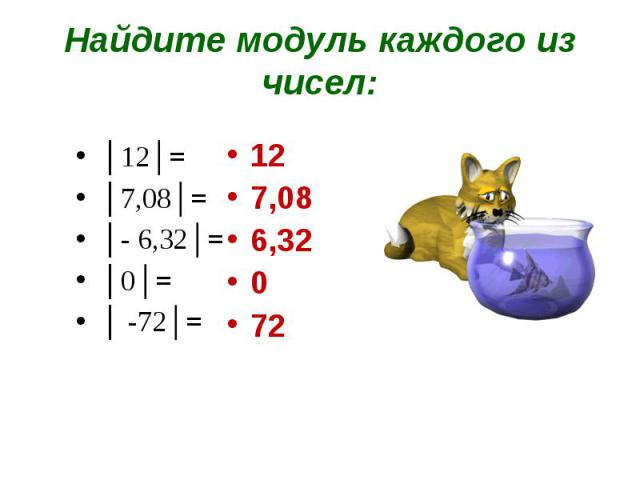 Найдите модуль каждого из чисел: │12│=│7,08│=│- 6,32│=│0│=│ -72│=127,086,32072