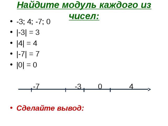Найдите модуль каждого из чисел: -3; 4; -7; 0|-3| = 3|4| = 4|-7| = 7|0| = 0 -7 -3 0 4Сделайте вывод:
