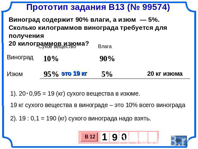 Прототип задания B13 (№ 99574)Виноград содержит 90% влаги, а изюм  — 5%. Сколько килограммов винограда требуется для получения 20 килограммов изюма?