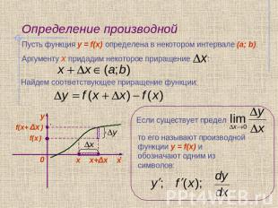 Определение производной Пусть функция y = f(x) определена в некотором интервале