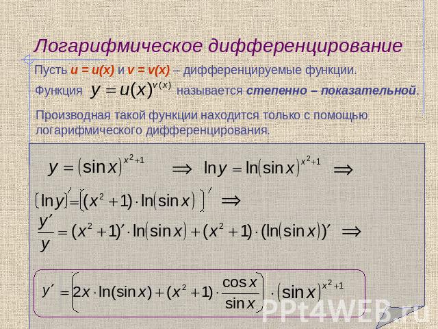 Логарифмическое дифференцирование Пусть u = u(x) и v = v(x) – дифференцируемые функции.Функция называется степенно – показательной.Производная такой функции находится только с помощью логарифмического дифференцирования.