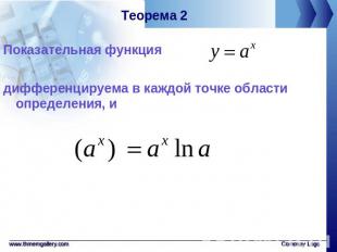 Теорема 2 Показательная функциядифференцируема в каждой точке области определени