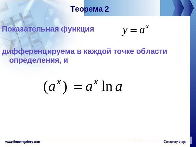 Теорема 2 Показательная функциядифференцируема в каждой точке области определения, и