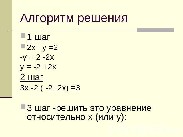 Алгоритм решения 1 шаг2х –у =2-у = 2 -2ху = -2 +2х2 шаг3х -2 ( -2+2х) =33 шаг -решить это уравнение относительно х (или у):