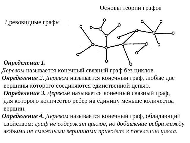 Основы теории графовДревовидные графы Онределение 1. Деревом называется конечный связный граф без циклов.Онределение 2. Деревом называется конечный граф, любые две вершины которого соединяются единственной цепью. Определение 3. Деревом называется ко…