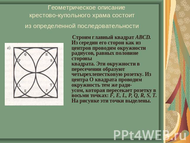 Геометрическое описание крестово-купольного храма состоит из определенной последовательности Строим главный квадрат ABCD. Из середин его сторон как изцентров проводим окружности радиусов, равных половине стороныквадрата. Эти окружности в пересечении…