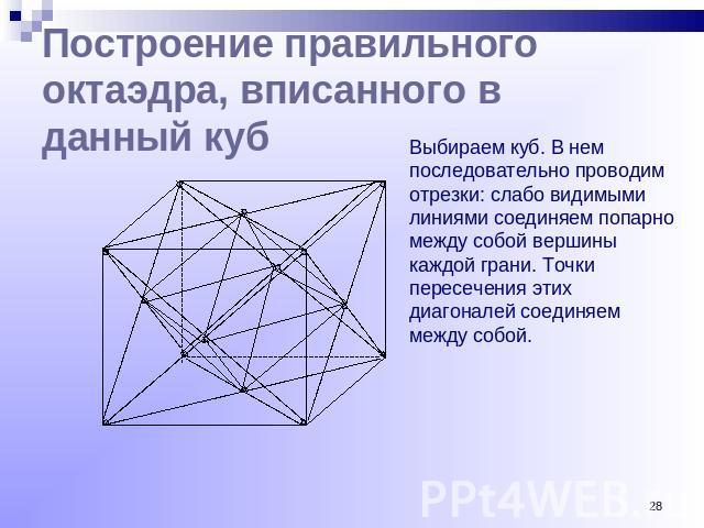 Построение правильного октаэдра, вписанного в данный куб Выбираем куб. В нем последовательно проводим отрезки: слабо видимыми линиями соединяем попарно между собой вершины каждой грани. Точки пересечения этих диагоналей соединяем между собой.