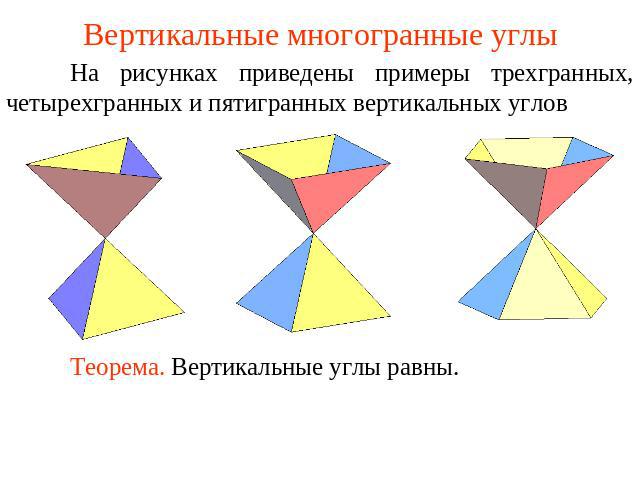 Вертикальные многогранные углы На рисунках приведены примеры трехгранных, четырехгранных и пятигранных вертикальных углов