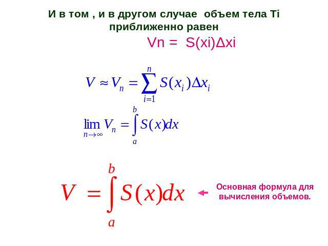 И в том , и в другом случае объем тела Тi приближенно равен Vn = S(xi)Δxi