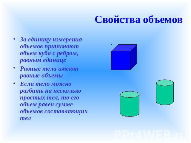 Свойства объемов За единицу измерения объемов принимают объем куба с ребром, равным единицеРавные тела имеют равные объемыЕсли тело можно разбить на несколько простых тел, то его объем равен сумме объемов составляющих тел