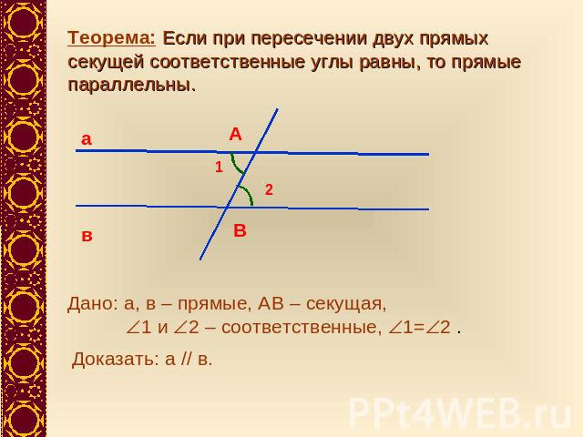 Теорема: Если при пересечении двух прямых секущей соответственные углы равны, то прямые параллельны.Дано: а, в – прямые, АВ – секущая, 1 и 2 – соответственные, 1=2 .