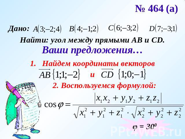 № 464 (а) Найти: угол между прямыми АВ и CD.Ваши предложения…Найдем координаты векторови2. Воспользуемся формулой: