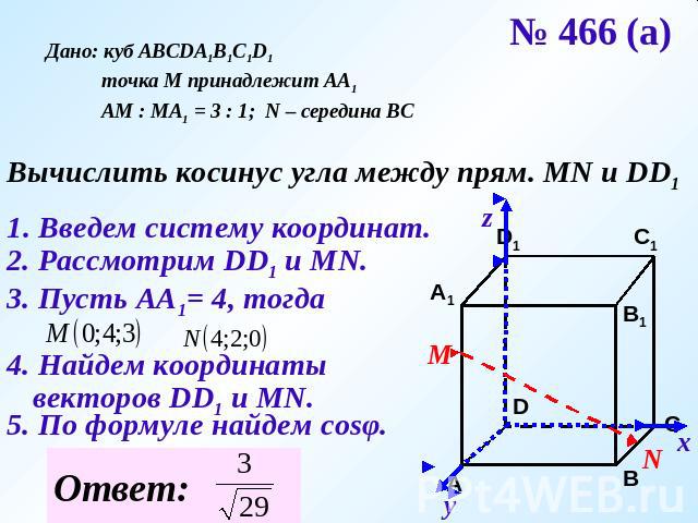 № 466 (а) Дано: куб АВСDA1B1C1D1 точка М принадлежит АА1 АМ : МА1 = 3 : 1; N – середина ВСВычислить косинус угла между прям. MN и DD11. Введем систему координат.2. Рассмотрим DD1 и МN.3. Пусть АА1= 4, тогда 4. Найдем координаты векторов DD1 и MN.5. …