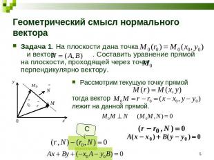 Геометрический смысл нормального вектора Задача 1. На плоскости дана точка и век