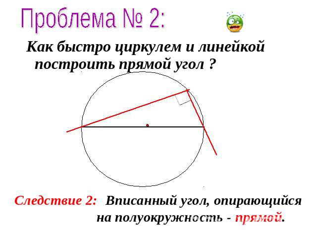 Проблема № 2: Как быстро циркулем и линейкой построить прямой угол ?Следствие 2: Вписанный угол, опирающийся на полуокружность - прямой.