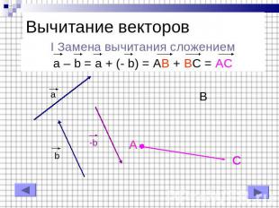 Вычитание векторов I Замена вычитания сложениемa – b = a + (- b) = AB + BC = AC