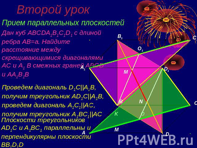 Второй урок Прием параллельных плоскостейДан куб ABCDA1B1C1D1 с длиной ребра AB=a. Найдите расстояние между скрещивающимися диагоналями AC и A1 B смежных граней ABCD и AA1B1BПроведем диагональ D1C||A1B, получим треугольник AD1C||A1B, проведем диагон…