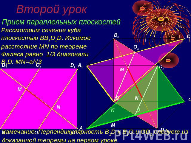 Второй урок Прием параллельных плоскостейРассмотрим сечение куба плоскостью BB1D1D. Искомое расстояние MN по теореме Фалеса равно 1/3 диагонали B1D: MN=a/√3Замечание. Перпендикулярность B1D к B1O и OD1 следует из доказанной теоремы на первом уроке.