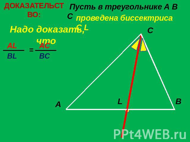 ДОКАЗАТЕЛЬСТВО: Пусть в треугольнике A B C проведена биссектриса C LНадо доказать, что